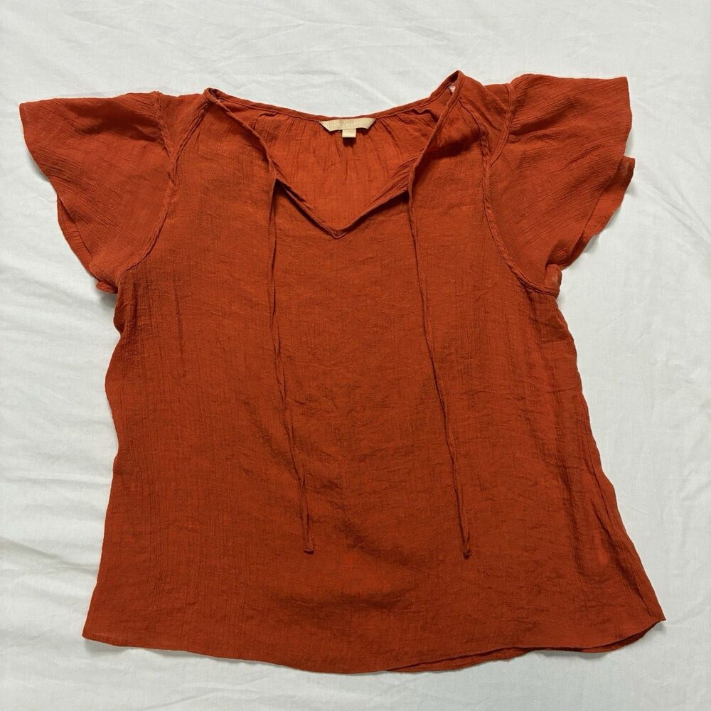 Hope & Harlow Tie Neck Top Women’s XL  Orange Tie Neck Flutter Short Sleeve Boho